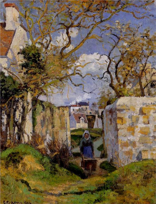 Peasant Pushing a Wheelbarrow, Maison Rondest, Pontoise - Camille Pissarro Paintings